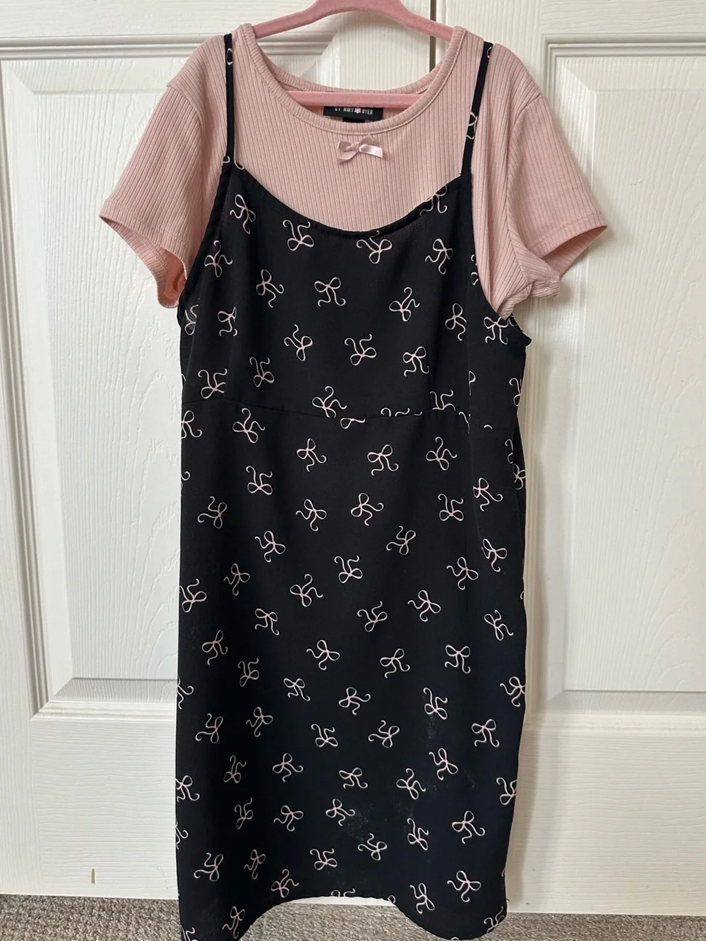 Beautees- Pink Ribbed Tee with Black Bow-Print Slip Dress